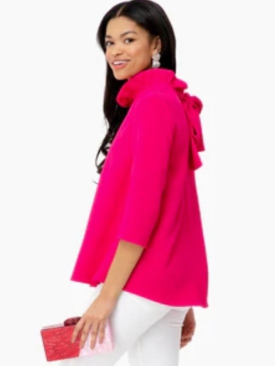 Tuckernuck Tops - Tuckernuck Pomander Place Faye Fuchsia Pink Crepe Ruffled Neck Bow Top S